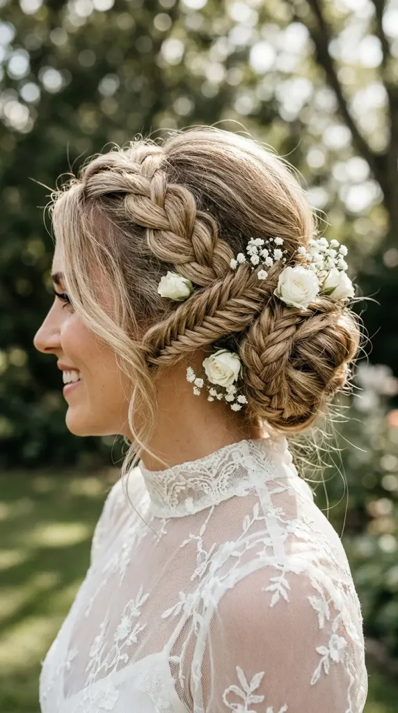 triple braid updo long hair wedding hairstyle bride white roses baby's breath combined braids lace gown outdoor