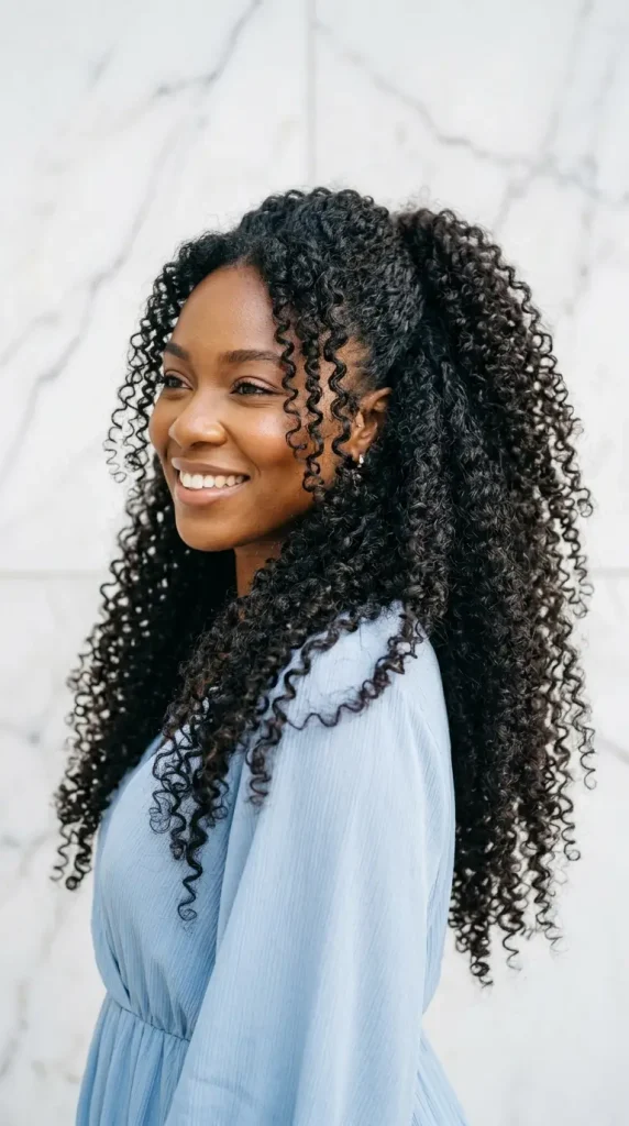natural curls long hair wedding hairstyle Black bride white gardenias jasmine baby's breath garden golden light