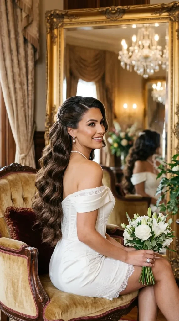 Hollywood waves long hair wedding hairstyle bride white gardenia deep side part satin gown grand mirror glamour