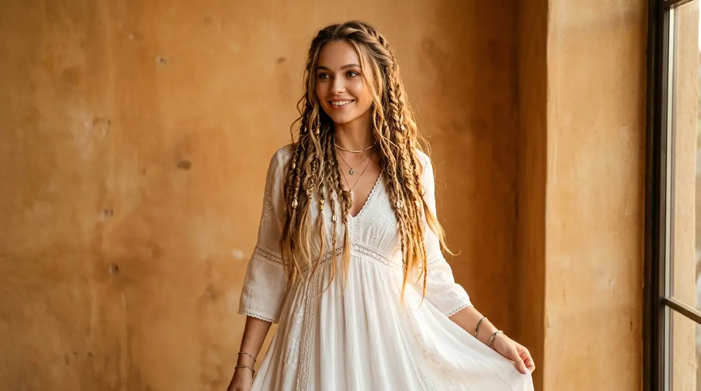 braided summer hairstyles woman loose boho braids wildflowers gold rings white dress