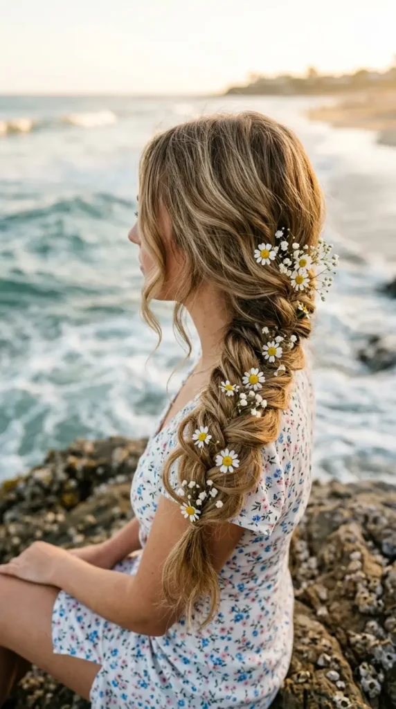 fishtail braid summer beach hairstyle woman loose daisies baby's breath waves beach rock ocean golden light