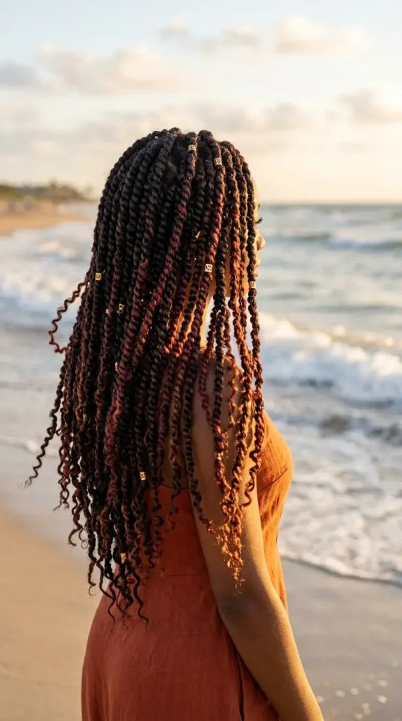 passion twists summer hairstyle woman dark burgundy copper accents gold cuffs beach golden hour rust dress