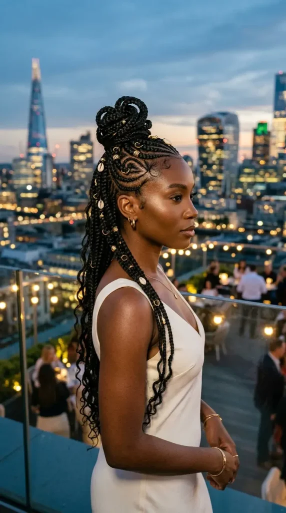 cornrow updo summer hairstyle Black woman geometric curved rows gold rings cowrie shells rooftop city dusk