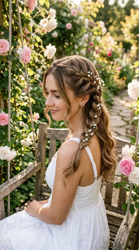 waterfall braid summer hairstyle woman pearl pins white flowers cascading waves garden swing roses golden light