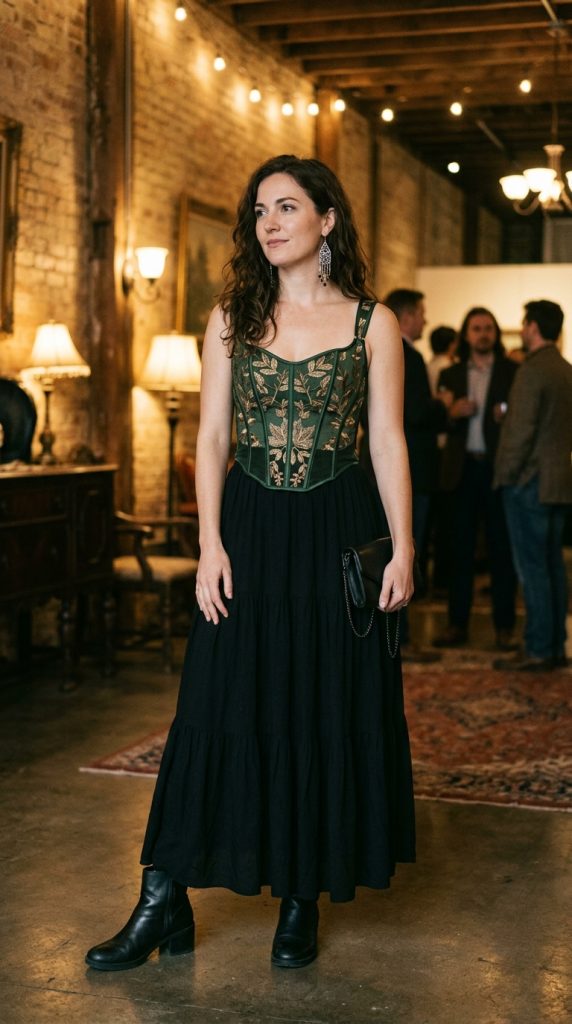 black maxi skirt embroidered corset boho outfit women tiered black maxi embroidered green corset black boots silver earrings evening golden light dark boho