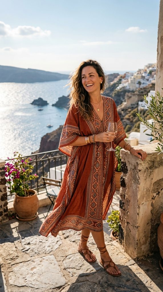 kaftan dress boho outfit women burnt sienna geometric print flat leather sandals gold copper bracelets stone terrace ocean background holiday afternoon