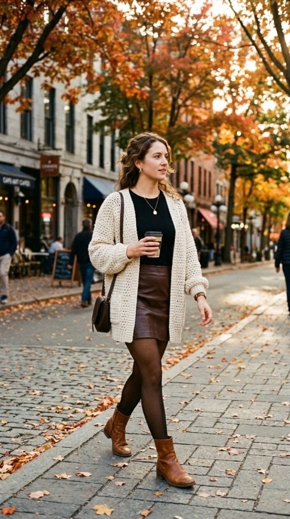 crochet cardigan leather mini skirt boho outfit women cream crochet cardigan chocolate leather mini tan ankle boots gold chain hoops autumn street