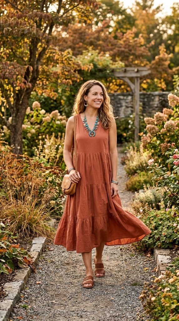 terracotta tiered dress turquoise jewellery boho outfit women tiered terracotta midi statement turquoise silver necklace silver hoops flat sandals garden warm light