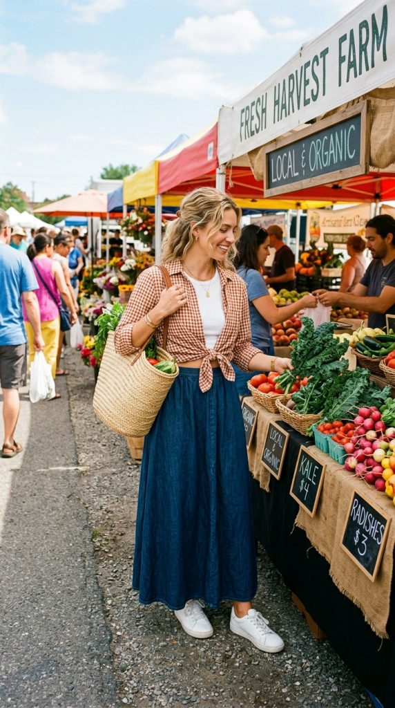 denim maxi skirt gingham shirt boho outfit women long denim maxi rust gingham tied waist white crop white sneakers woven tote farmers market summer