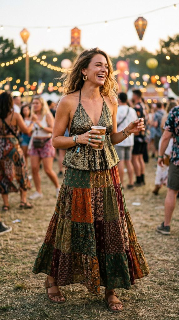 gold halter top patchwork maxi skirt boho outfit women gold metallic halter patchwork earthy maxi flat sandals mixed rings festival evening light