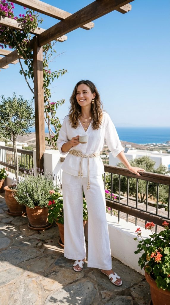 white boho set macramé belt coin jewellery women all-white linen co-ord macramé belt layered gold coin necklaces earrings flat sandals morning terrace blue sky