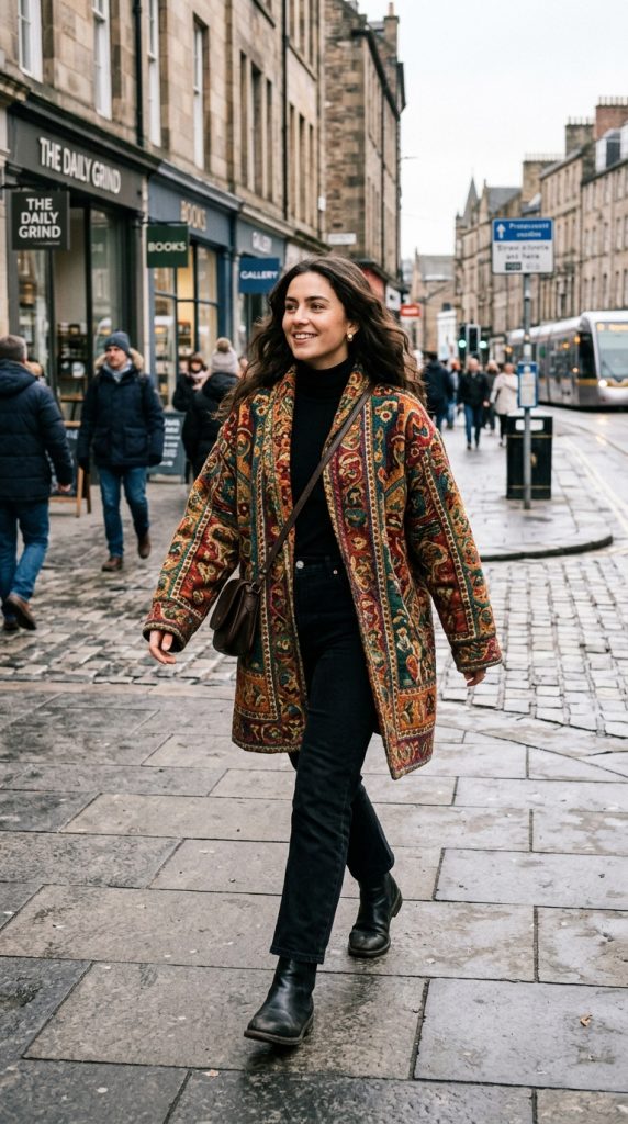 tapestry coat boho outfit women winter oversized vintage tapestry jewel tones all-black base turtleneck jeans boots gold studs winter street daylight striking