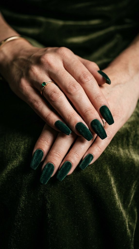 dark forest green velvet matte nails coffin deep green velvet matte finish moss fabric moody directional light atmospheric editorial