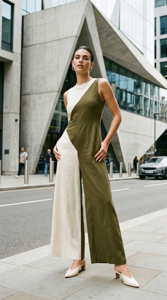colour block olive cream jumpsuit women diagonal split wide-leg cream heeled mules minimal gold slicked hair geometric architecture editoria