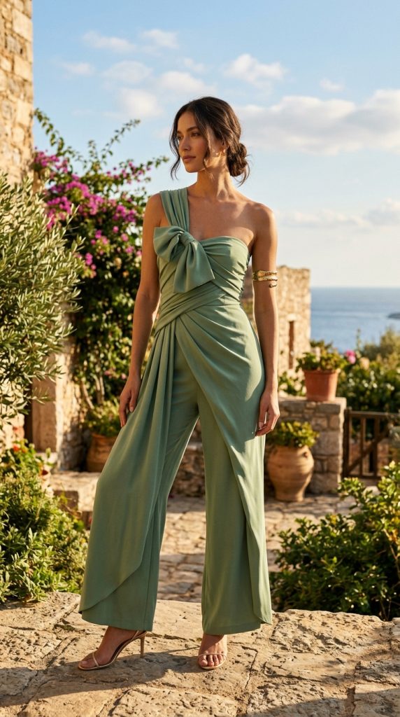 draped one-shoulder sage green jumpsuit women sculptural fabric gold arm cuff strappy heels loose bun Mediterranean golden light Grecian modern editorial