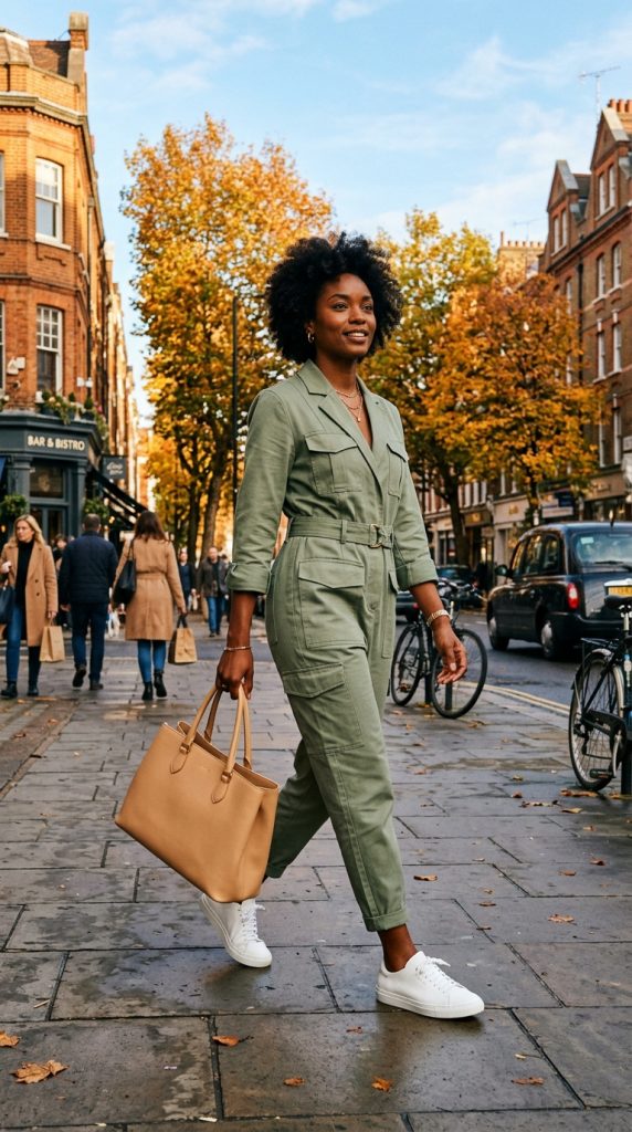 sage cargo jumpsuit women layered white trainers leather tote gold jewellery autumn city street elevated utility chic editorial