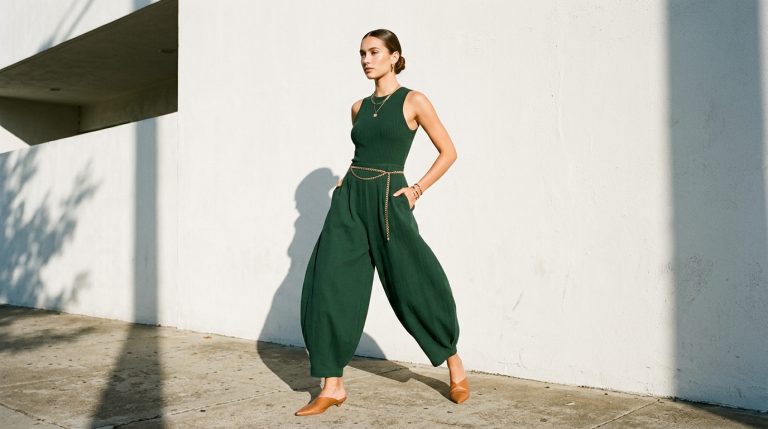 green jumpsuit styles women forest green barrel-leg ribbed bodice gold chain belt tan mules layered necklaces white wall afternoon light editorial