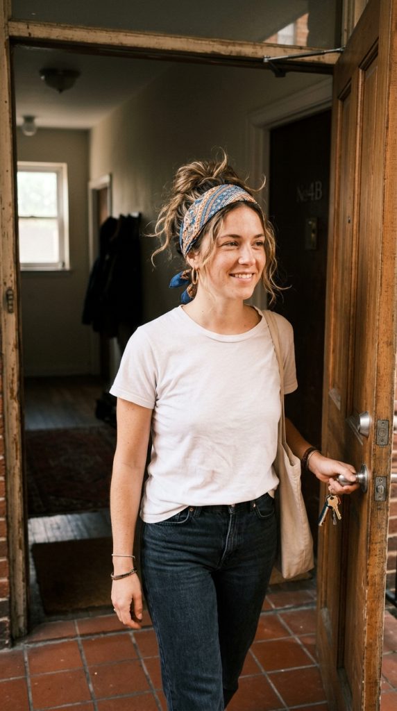 loose bun wide bandana headband hairstyle women solid bandana sitting back hairline face-framing pieces casual summer daylight effortless
