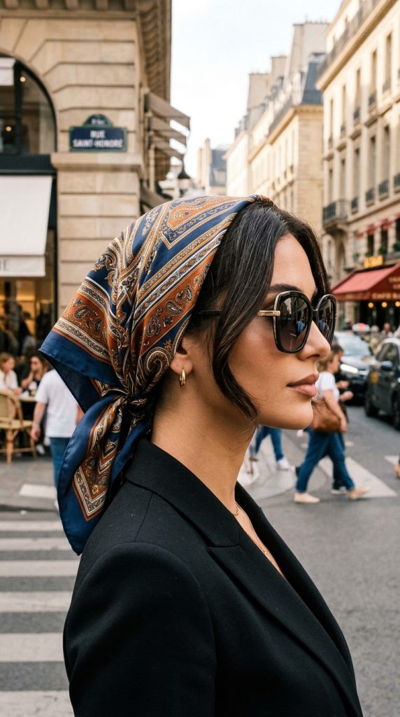 silk triangle drape bandana hairstyle straight hair women jewel-toned silk triangle forehead edge point trailing back minimal jewellery editorial luxurious
