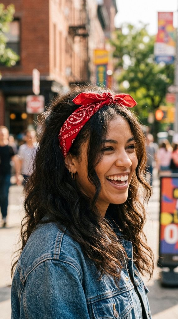 classic forehead knot bandana messy hair hairstyle women thin patterned bandana forehead loose knot messy texture casual authentic natural light candid
