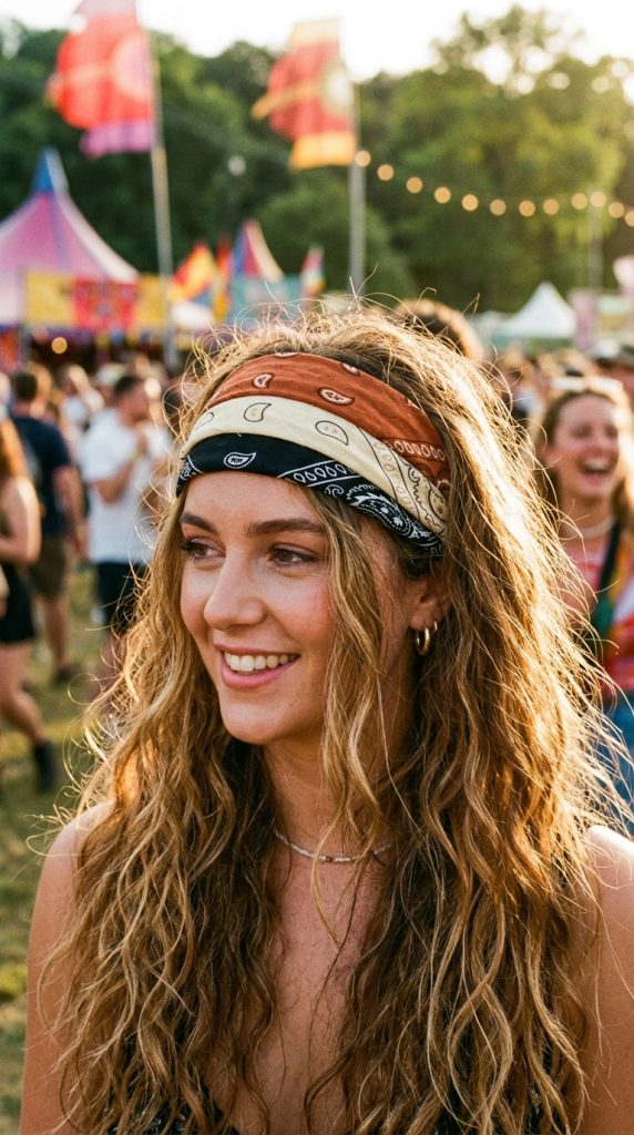 triple layered stacked bandana headbands hairstyle women three bandanas different colours stacked loose hair minimal jewellery outdoor bold creative maximalist
