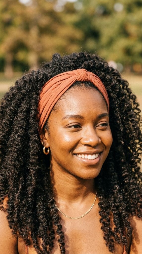 wide bandana hairline frame natural curls hairstyle women colourful bandana at hairline framing curls voluminous curls above outdoor natural light celebratory empowering
