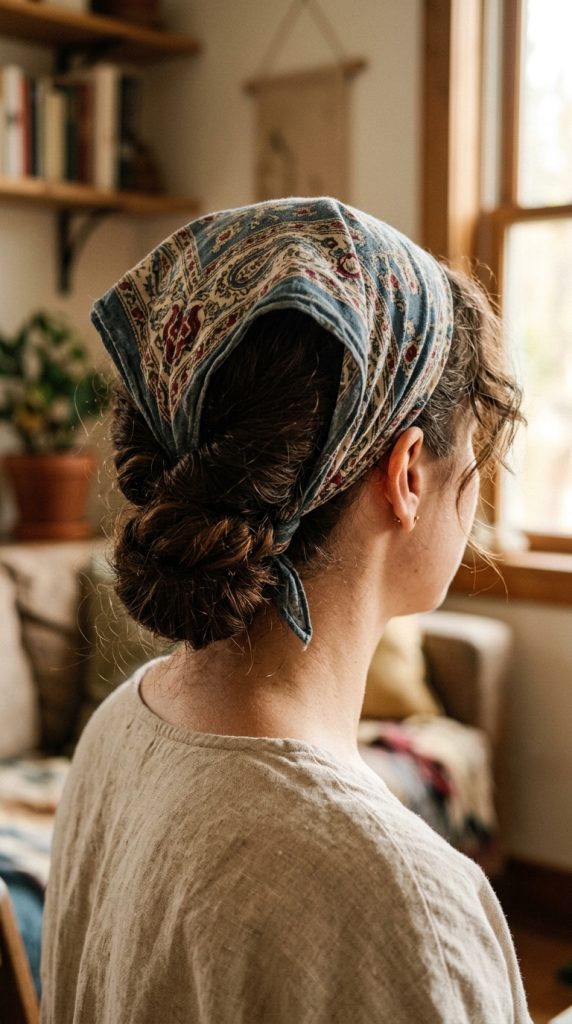 vintage bandana crown wrap low updo hairstyle women paisley bandana full crown wrap low updo simple earrings warm indoor light vintage modern
