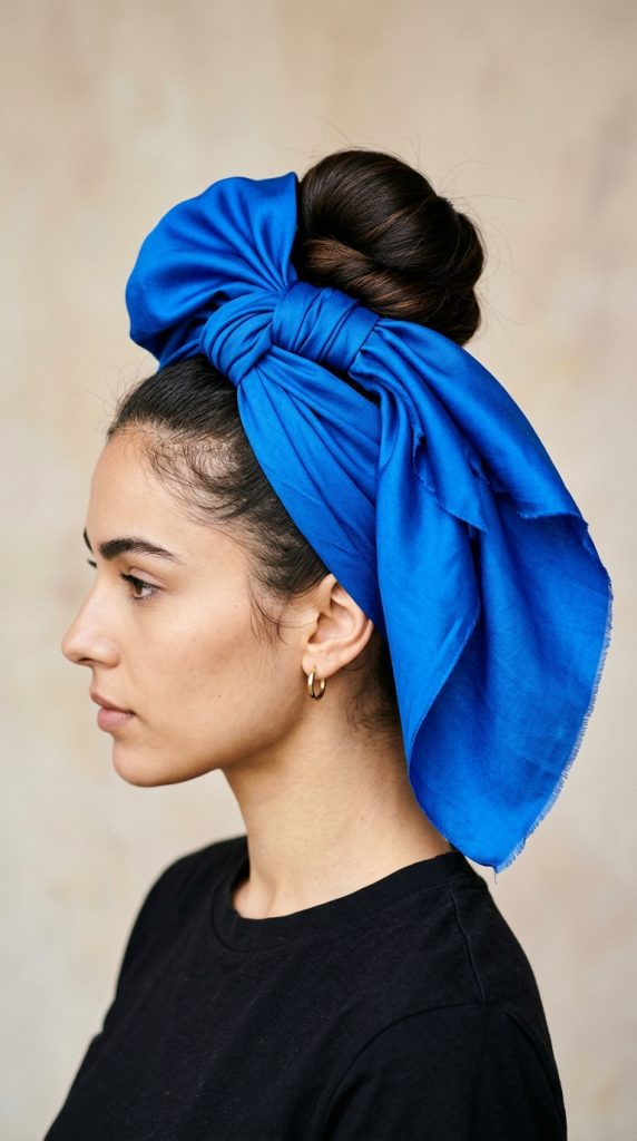 oversized bandana bow high bun hairstyle women large satin red bow generous loops trailing ends high bun confident bright light bold joyful

