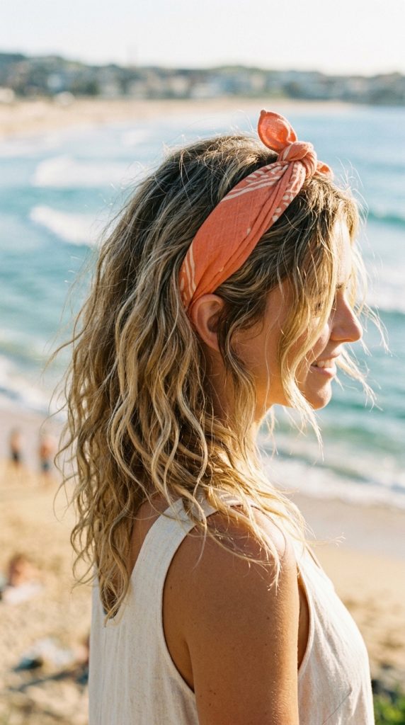 loose casual bandana headband beach waves hairstyle women vintage faded bandana casually placed beach waves authentic relaxed coastal light genuine
