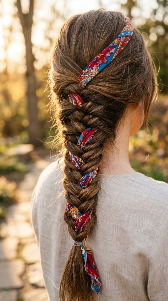 bandana strip woven fishtail braid hairstyle women thin contrasting bandana strip woven through fishtail braid length pulled apart texture outdoor natural light intricate creative
