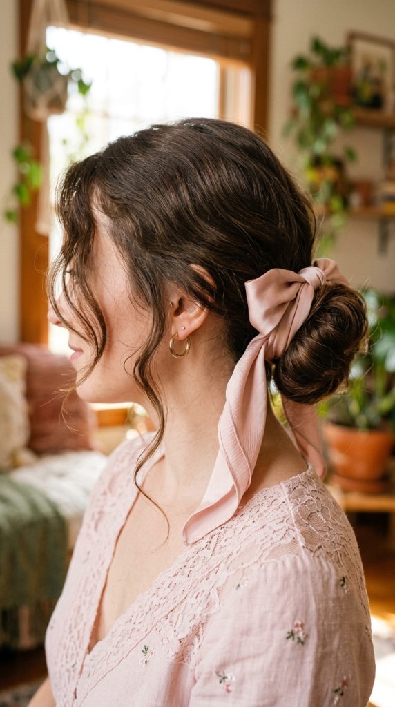 bandana half bow half knot side bun hairstyle women satin blush half bow trailing knot asymmetric side bun face-framing pieces warm natural light playful creative