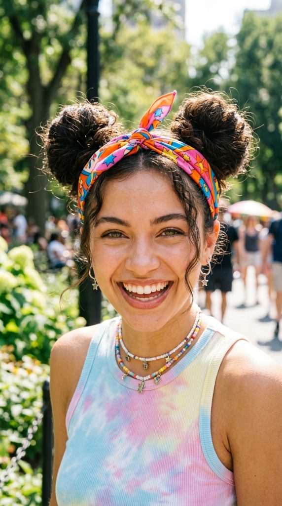 printed bandana tied crown space buns hairstyle women bold printed bandana crown knot between space buns vibrant playful outdoor bright Y2K inspired