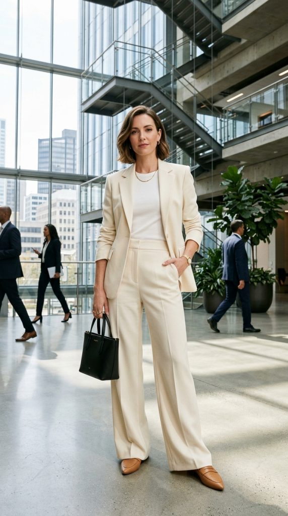 cream power suit women corporate outfit wide-leg trouser blazer tan loafers gold jewellery office atrium modern power editorial
