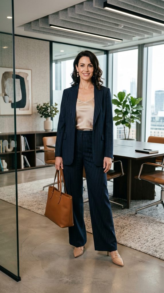 pinstripe suit silk slip top professional woman outfit warm pinstripe blazer champagne slip nude loafers pearl earrings tan tote office meeting elegant editorial
