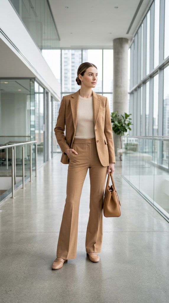 monochromatic beige business outfit women caramel blazer wide-leg cream top nude loafers tan bag tonal warm neutrals corporate minimal editorial
