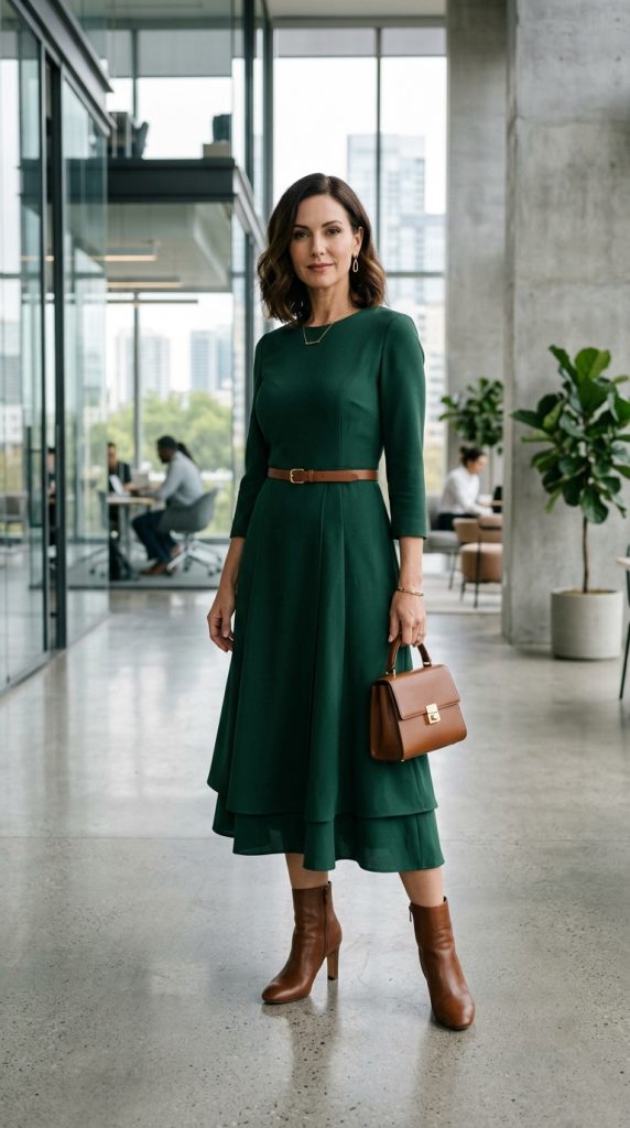 forest green midi dress business woman outfit fitted midi brown leather belt ankle boots gold drop earrings structured bag professional modern stylish editorial
