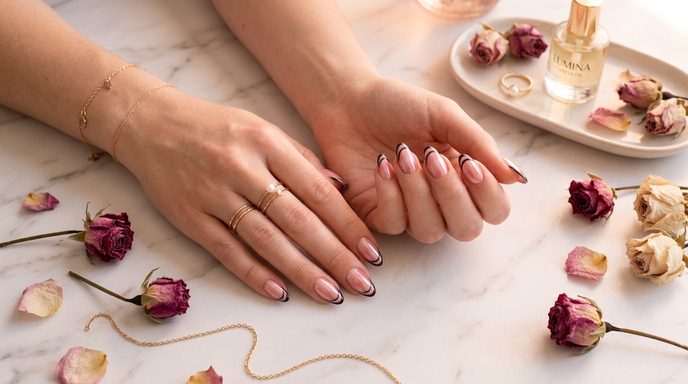 oval nails designs viral 2026 strawberry milk chrome oval nails white marble pink peonies dried rosebuds gold chain pink crystals white petals rose golden light editorial