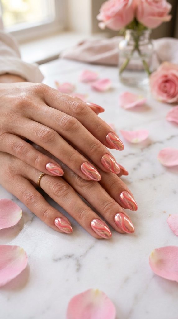 strawberry milk chrome oval nails warm pink coral pale gold shift white marble