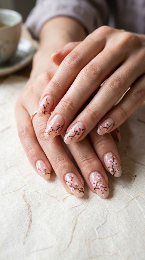 cherry blossom oval nail art designs hand-painted branches pink white flowers sheer blush different sections washi paper fresh blossoms soft natural light romantic artistic