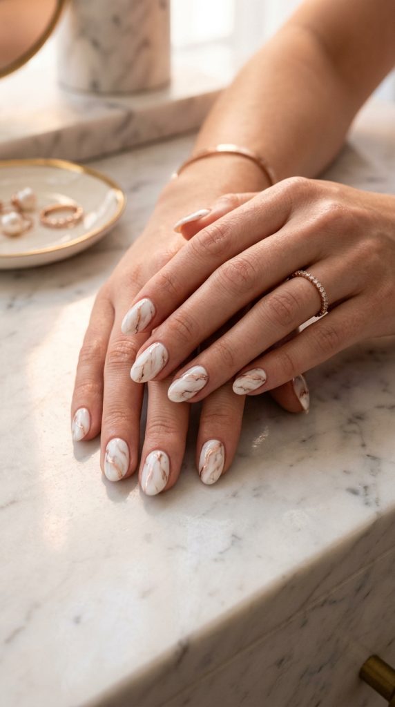 marble rose gold veining oval nail designs white marble rose gold veins organic different each nail white marble surface rose-gold directional light luxurious stone editorial 2026
