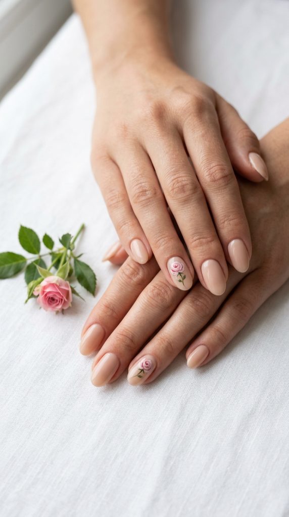 floating flower oval nail designs nude base single accent miniature rose pink clean nude remaining nails white surface fresh flower natural light minimal impactful 2026
