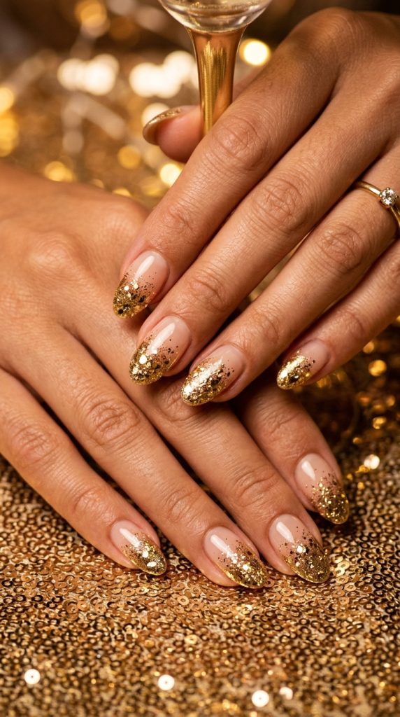glitter ombre fade oval nails sheer base dense gold chunky glitter curved tips shifting sparkle gold sequin surface warm glamorous light celebration 2026
