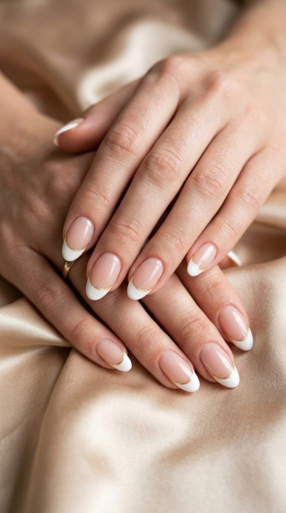French tip thin line oval nails sheer nude white tip micro-thin gold smile line champagne satin warm natural light refined micro detail 2026
