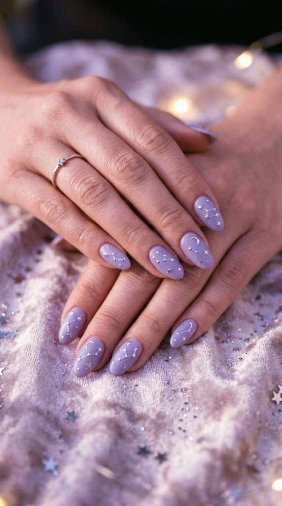 lavender silver stars oval nail designs soft dusty lavender satin silver stars different constellations purple velvet star confetti purple evening light dreamy celestial 2026
