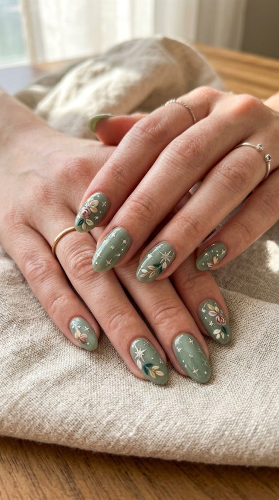 glazed sage dried petal oval nails sage green real dried rose petals sealed gel different placement linen dried botanicals warm afternoon light organic luxury botanical 2026
