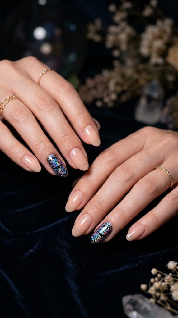 holographic butterfly oval nail art iridescent wings accent nail shifting blue purple pink gold sheer remaining nails studio lighting fantasy editorial 2026
