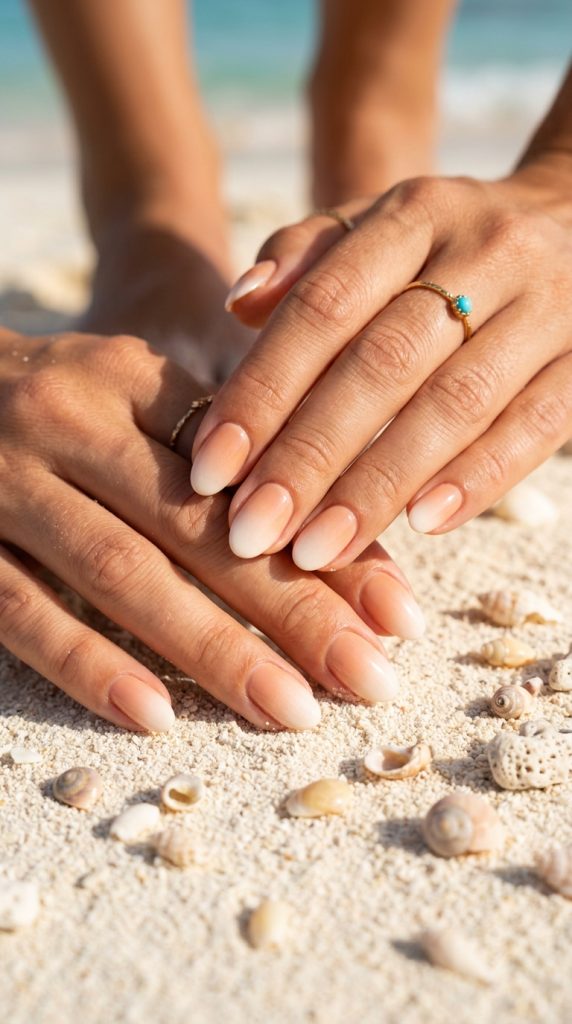 coconut girl ombre oval nails warm nude creamy white peach undertone gradient white sand seashells tropical summer sunlight glowing warm viral 2026