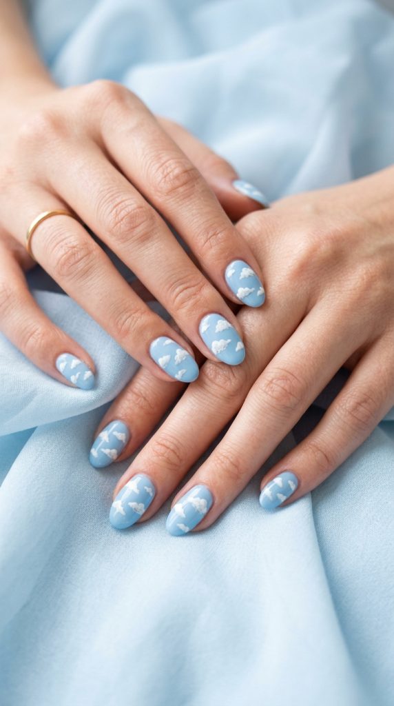 cloud oval nail designs sky blue base hand-painted fluffy white clouds shading different each nail pale chiffon