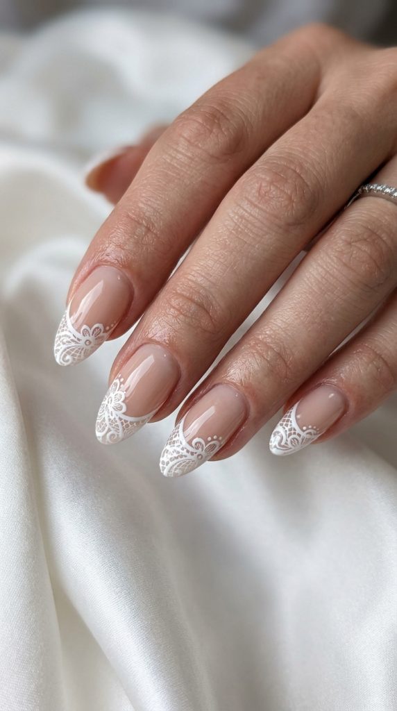 White lace French tip nails on a nude base