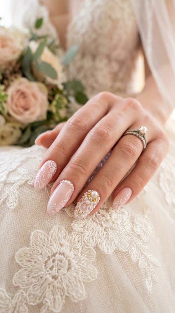 Bridal lace nails with tiny pearl accents on a pink base